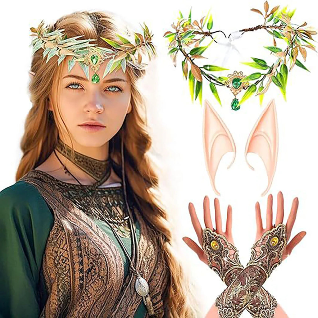 Halloween costume set, elf leaf wreath, elegant fairy queen costume, headband, elf ears, party role-playing, elf decoration