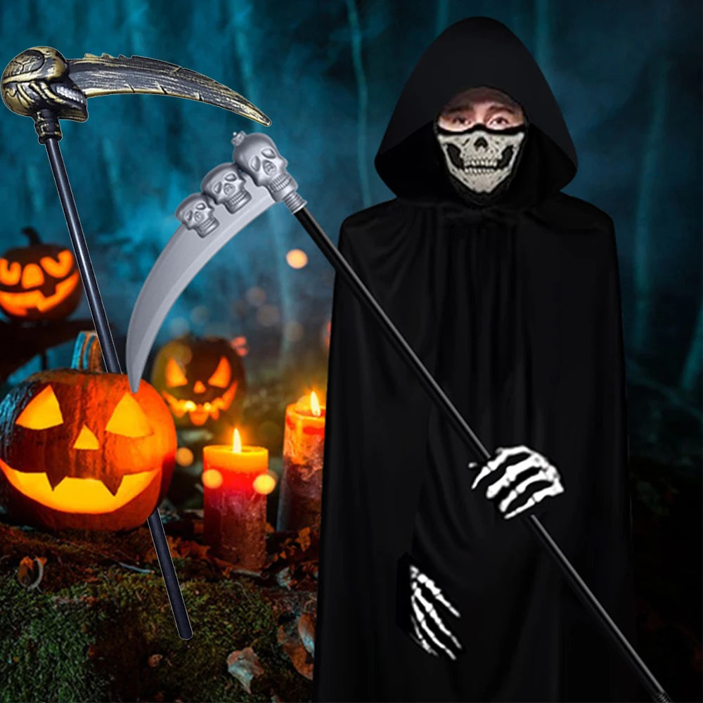 Scary Halloween Grim Reaper Costume Set Scythe Hooded Cape Skull Face Mask Gloves for Kids Adults Cosplay Halloween Party Props