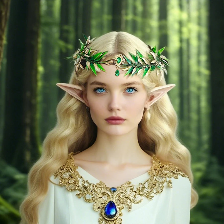 Halloween costume set, elf leaf wreath, elegant fairy queen costume, headband, elf ears, party role-playing, elf decoration