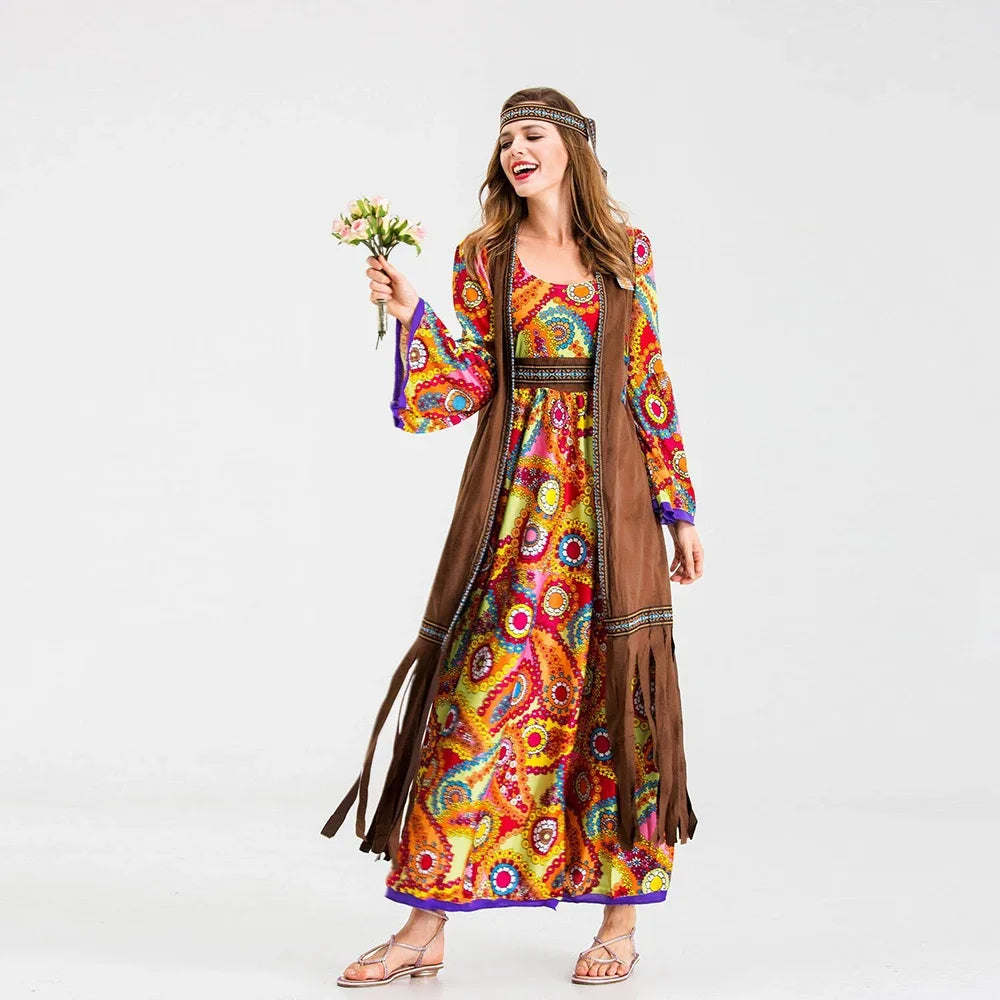 Fashion Women Halloween Adult Retro 60s 70s Hippie Costume Carnival Disguise Party Funky Disco Native Nightclub Cosplay Costume
