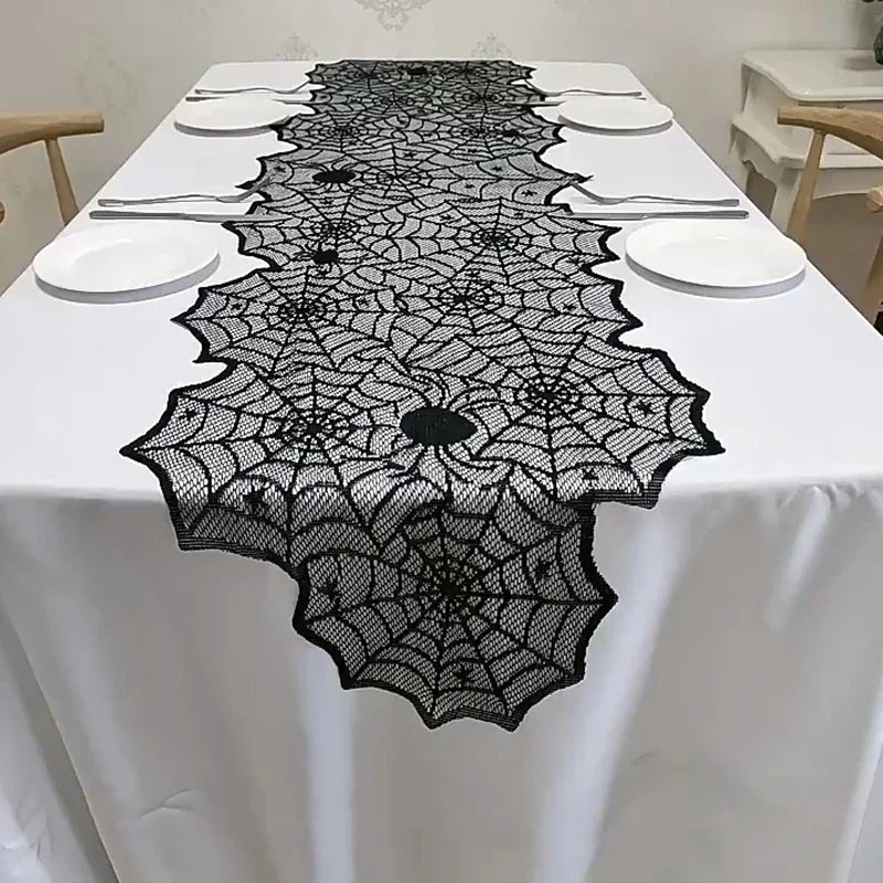 2025 Halloween Decoration Lace Spider Web Skeleton Skull Tablecloth Black Fireplace Mantel Scarf Event Party Supplies