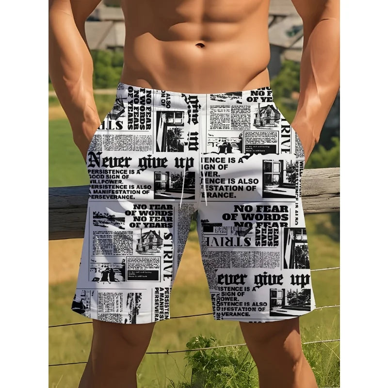 3D Print Colorful Letters Short Pants For Men Fun Geometry Star Pattern Swim Trunks Summer Quick Dry Loose Casual Beach Shorts