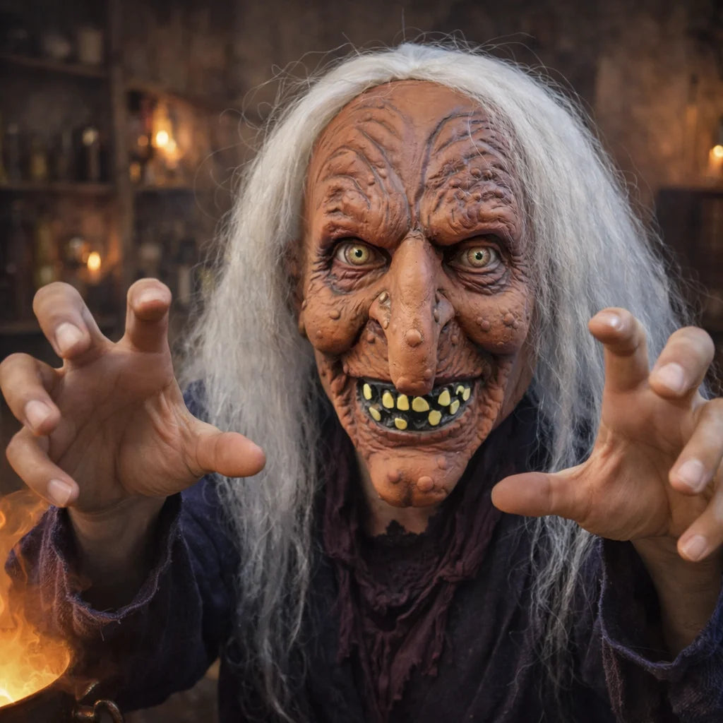 Creepy Witch Mask With Lifelike Wrinkles & Gray Hair - Halloween Scary Costume Accessory For Party/Haunted House/Cosplay